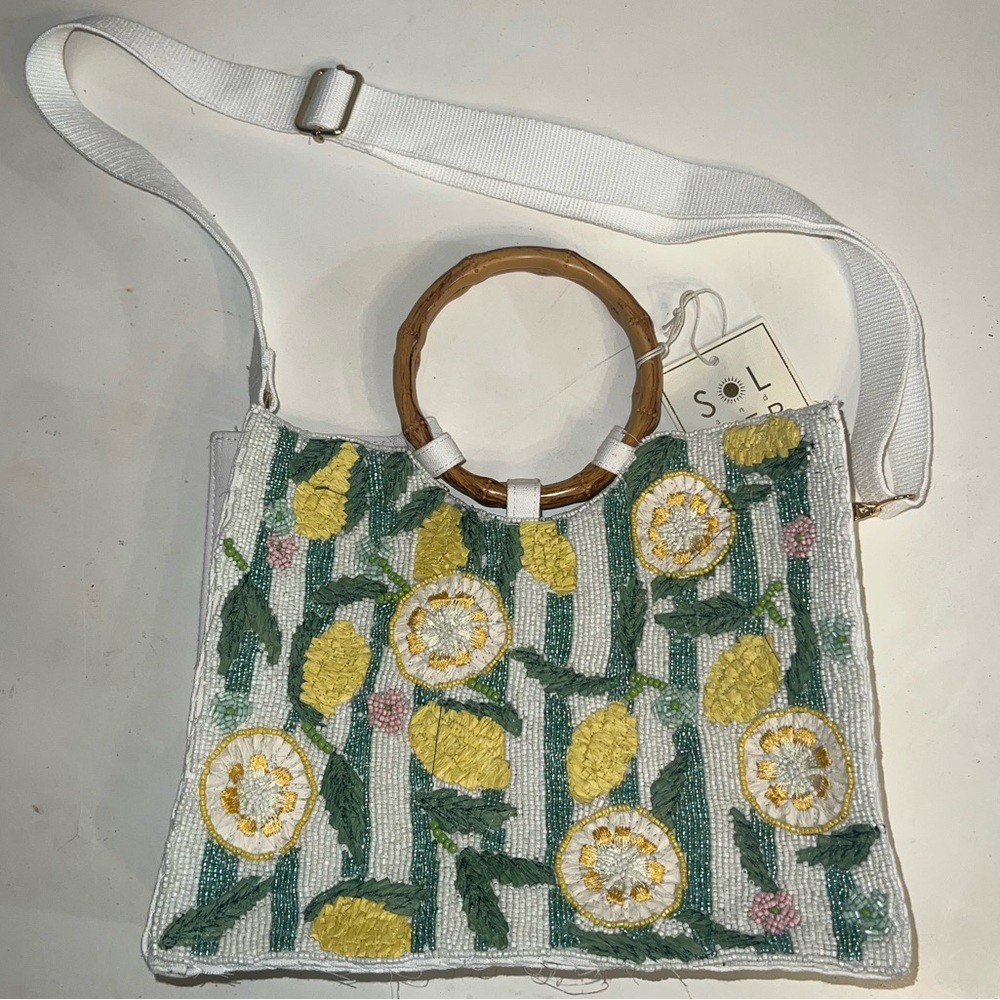 NWT Beaded Lemon Stripe Handbag – Bamboo Handle & Crossbody Strap